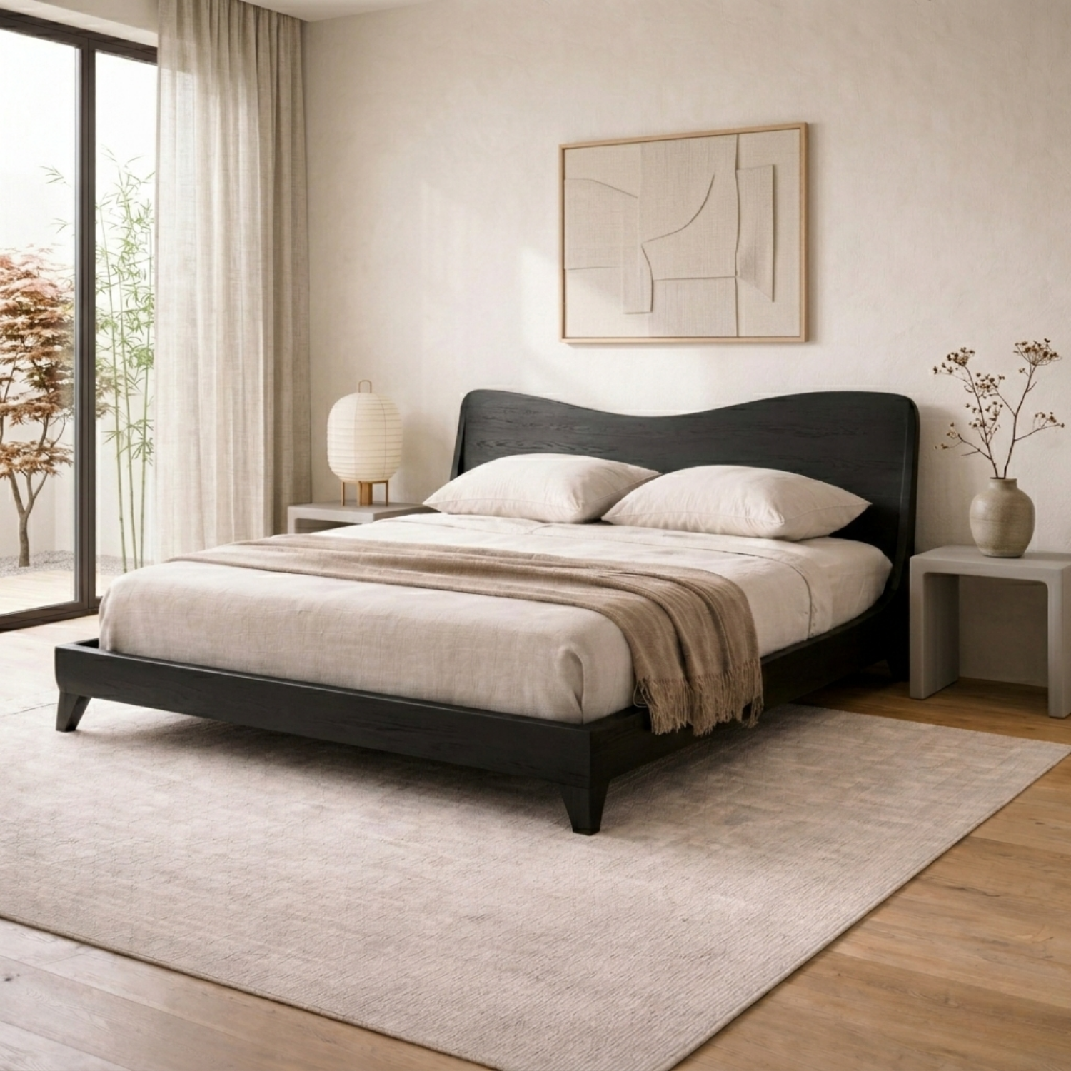 Solid Wood Platform Bed Frame with Curved Headboard – Modern Minimalist Design
