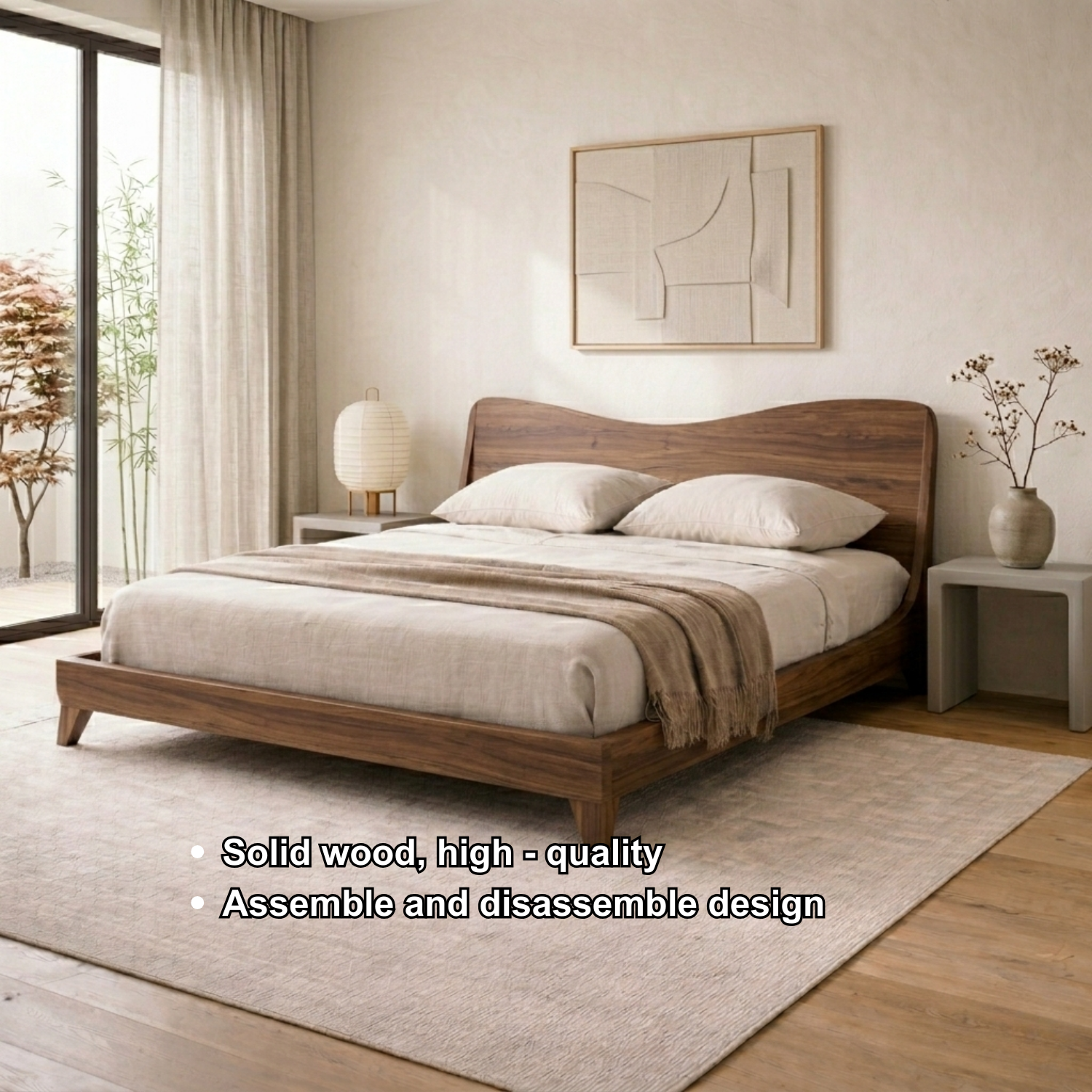 Solid Wood Platform Bed Frame with Curved Headboard – Modern Minimalist Design