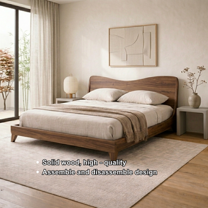Solid Wood Platform Bed Frame with Curved Headboard – Modern Minimalist Design
