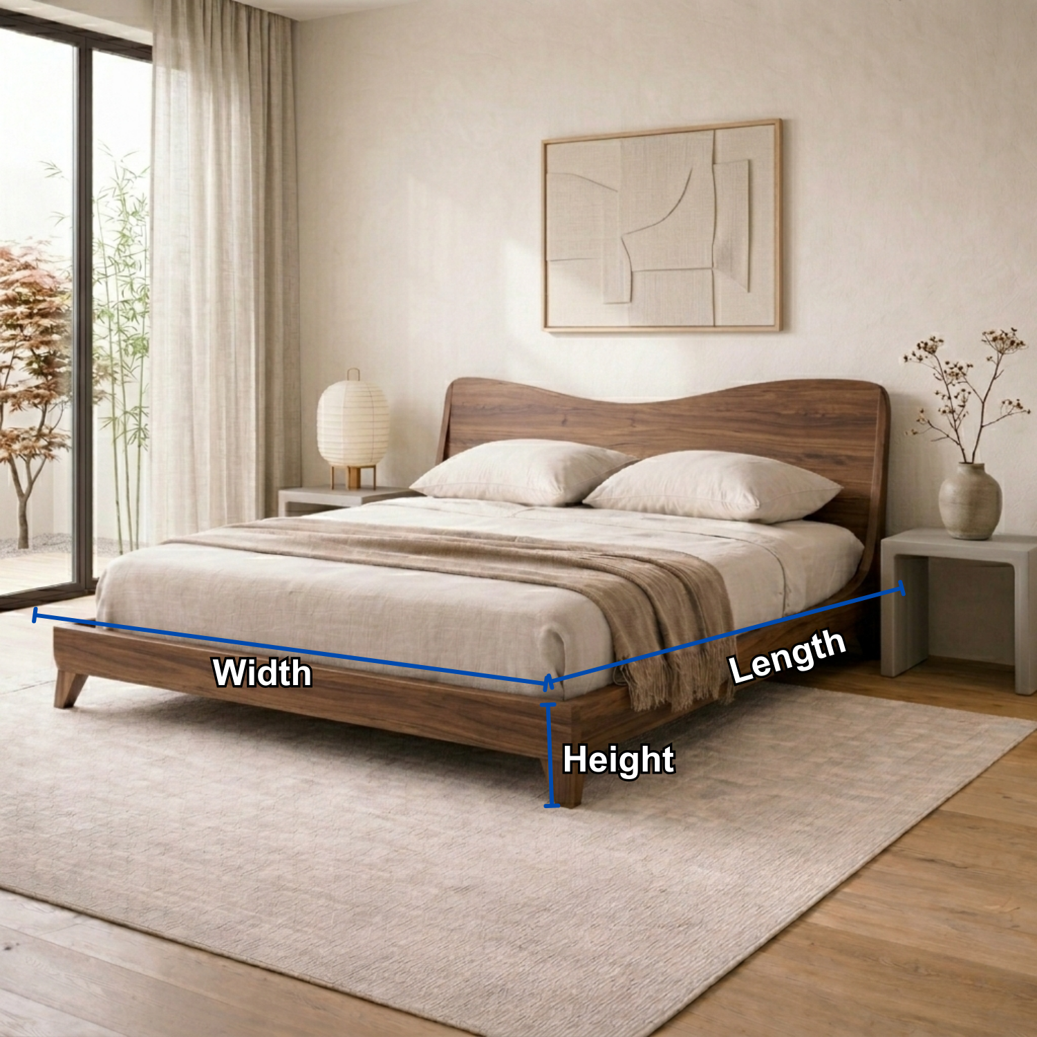 Solid Wood Platform Bed Frame with Curved Headboard – Modern Minimalist Design