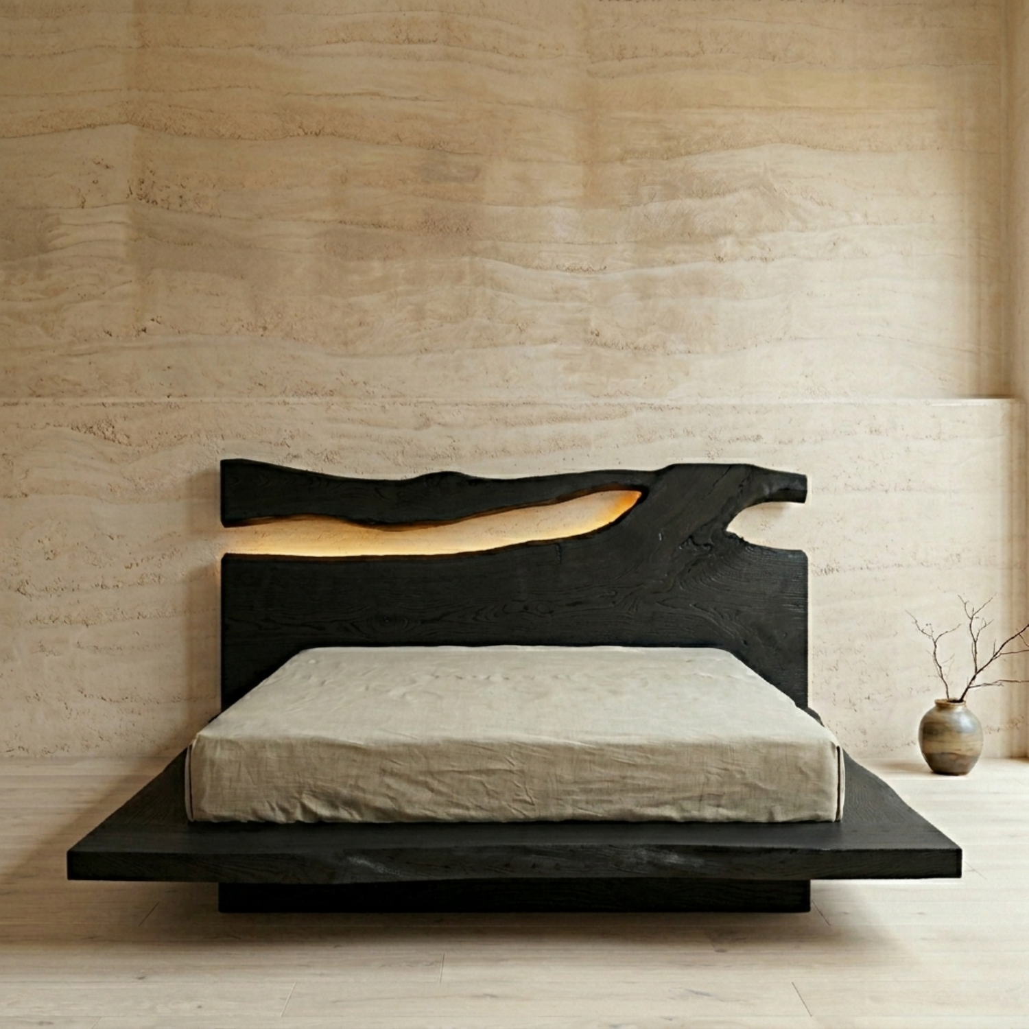 Live Edge Solid Wood Platform Bed Frame with Natural Slab Headboard