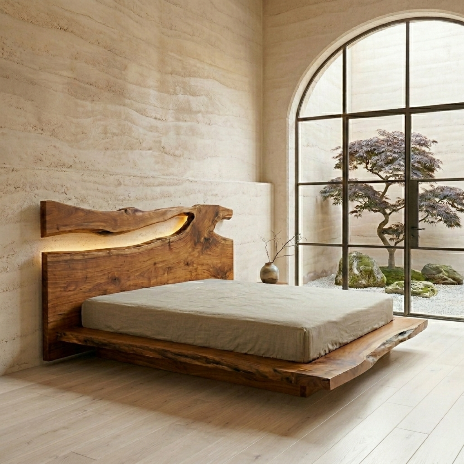 Live Edge Solid Wood Platform Bed Frame with Natural Slab Headboard