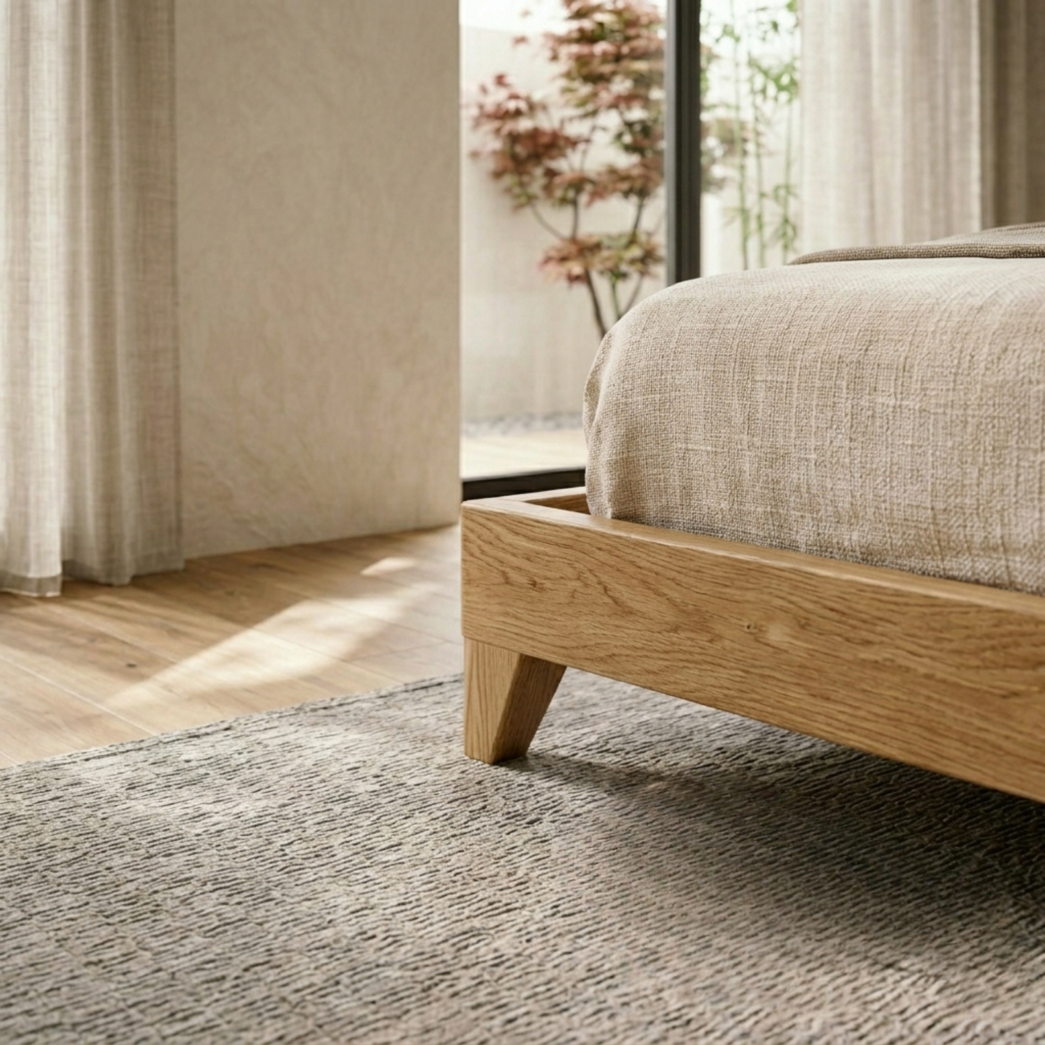Solid Wood Platform Bed Frame with Curved Headboard – Modern Minimalist Design