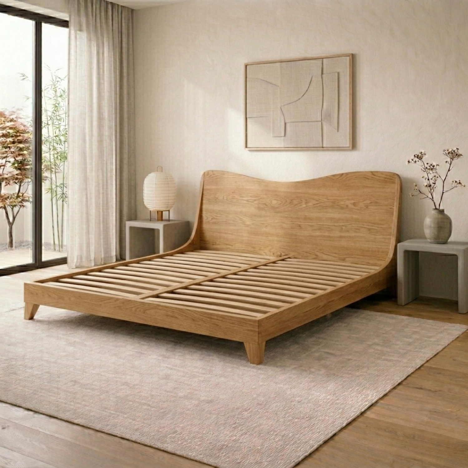 Solid Wood Platform Bed Frame with Curved Headboard – Modern Minimalist Design