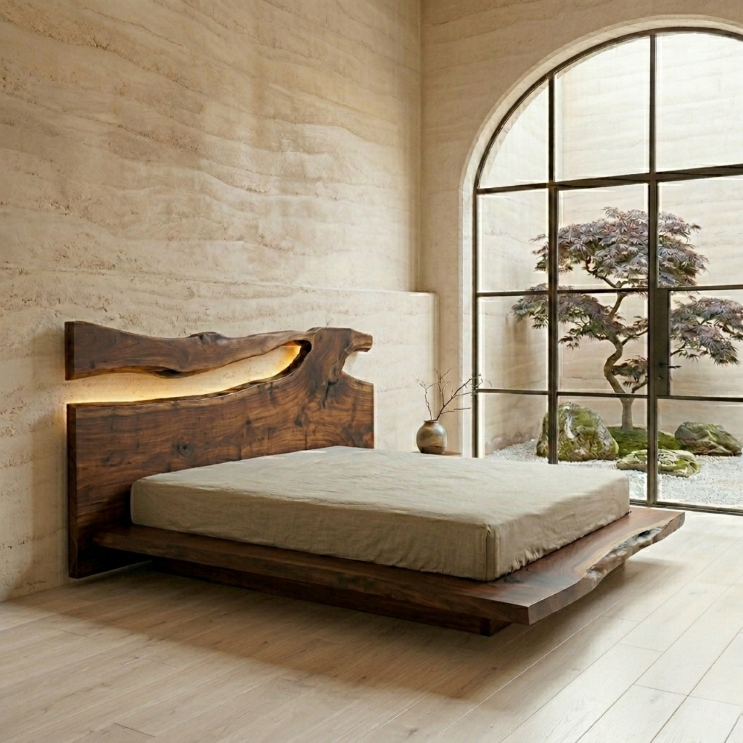 Live Edge Solid Wood Platform Bed Frame with Natural Slab Headboard