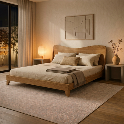 Solid Wood Platform Bed Frame with Curved Headboard – Modern Minimalist Design
