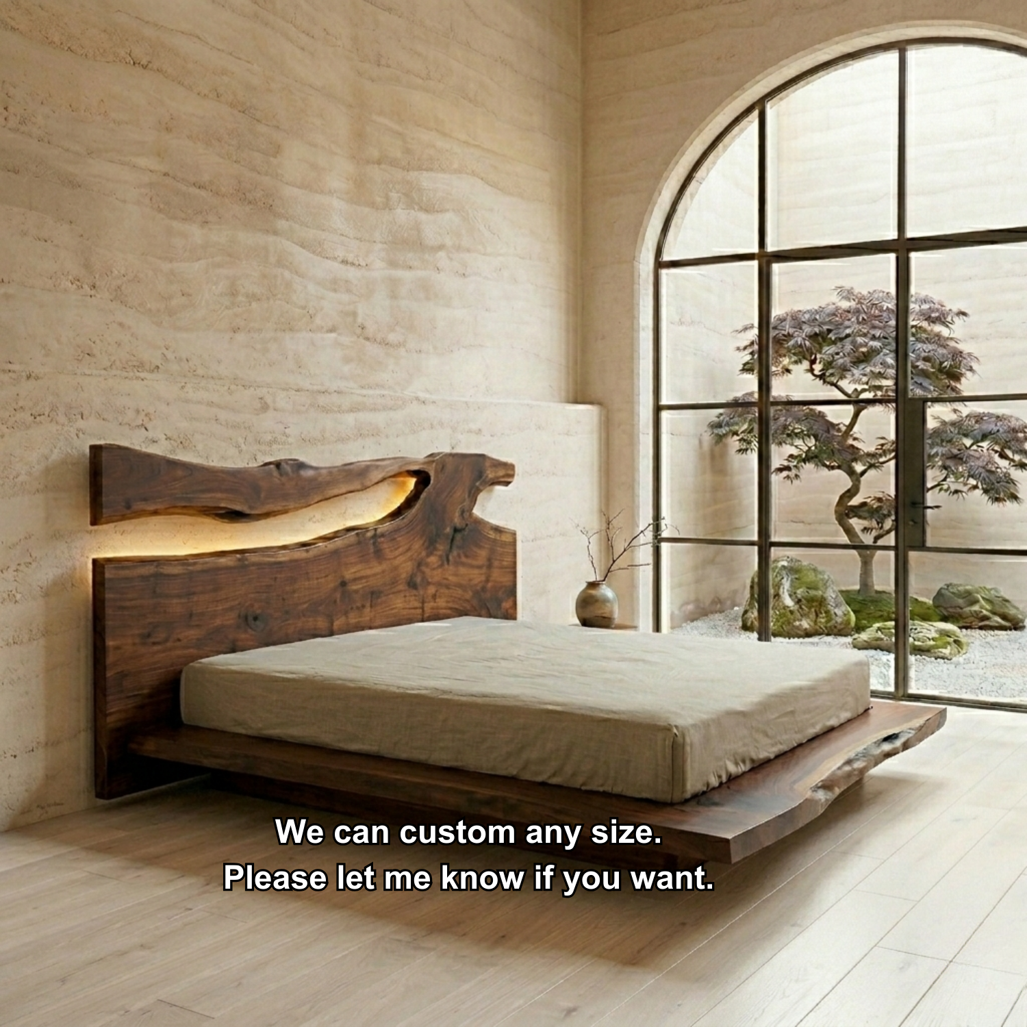 Live Edge Solid Wood Platform Bed Frame with Natural Slab Headboard