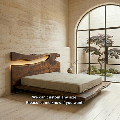 Live Edge Solid Wood Platform Bed Frame with Natural Slab Headboard
