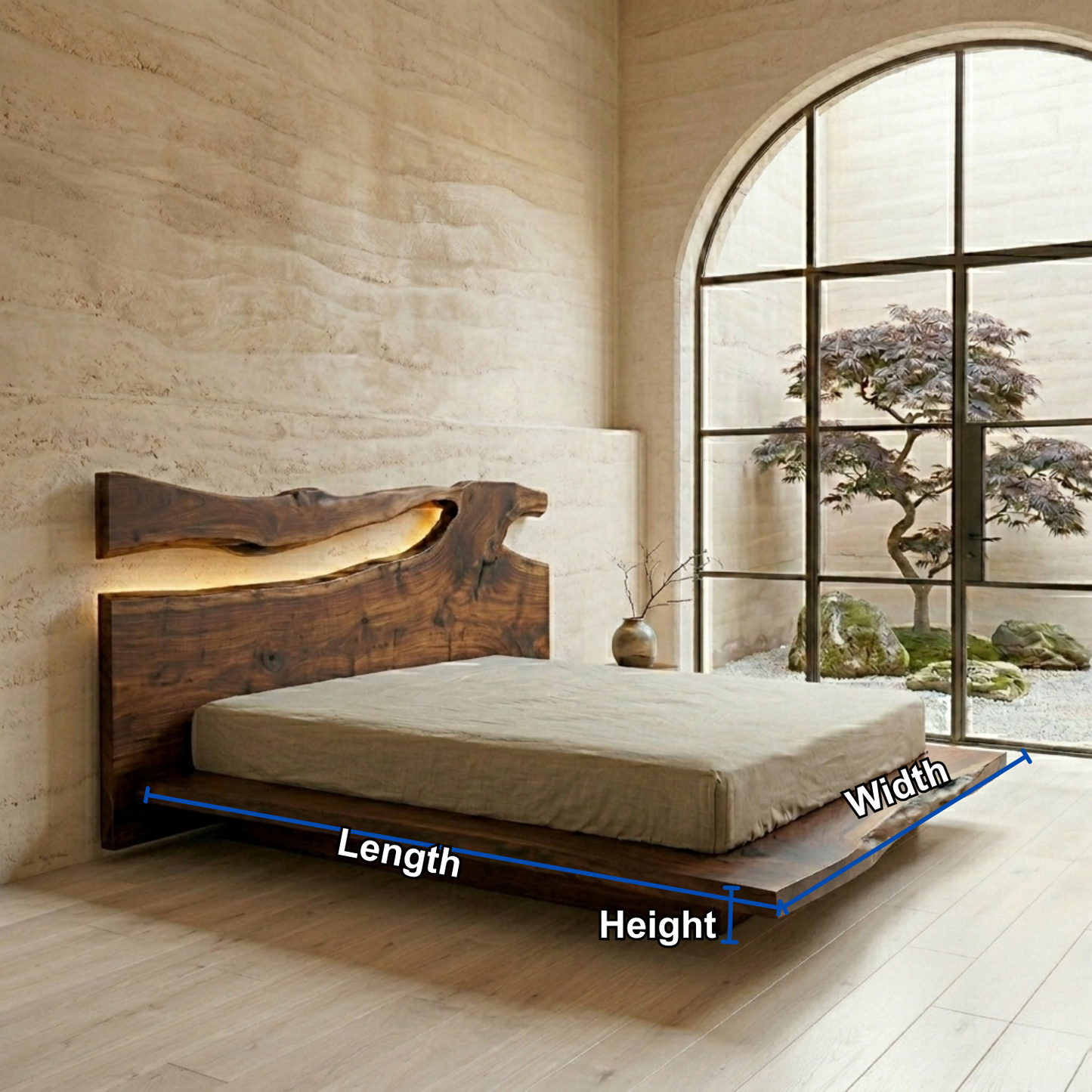 Live Edge Solid Wood Platform Bed Frame with Natural Slab Headboard