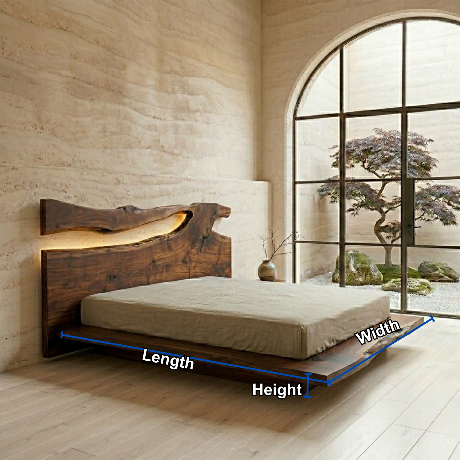 Live Edge Solid Wood Platform Bed Frame with Natural Slab Headboard