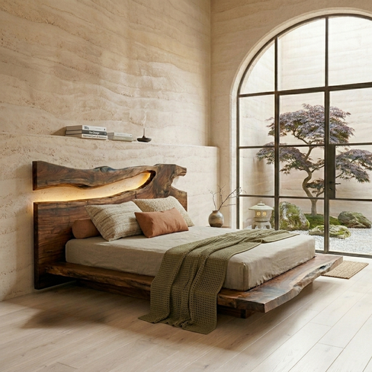 Live Edge Solid Wood Platform Bed Frame with Natural Slab Headboard