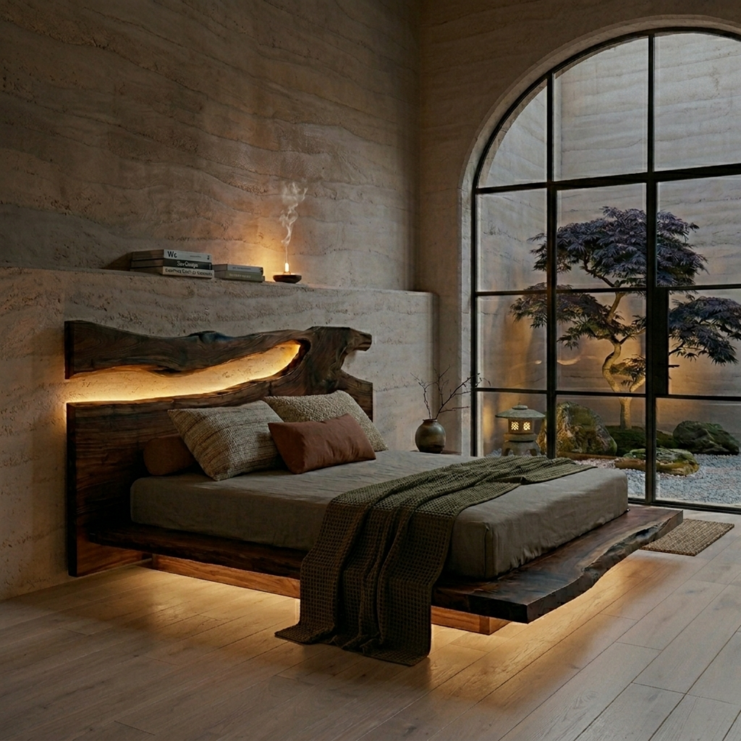 Live Edge Solid Wood Platform Bed Frame with Natural Slab Headboard