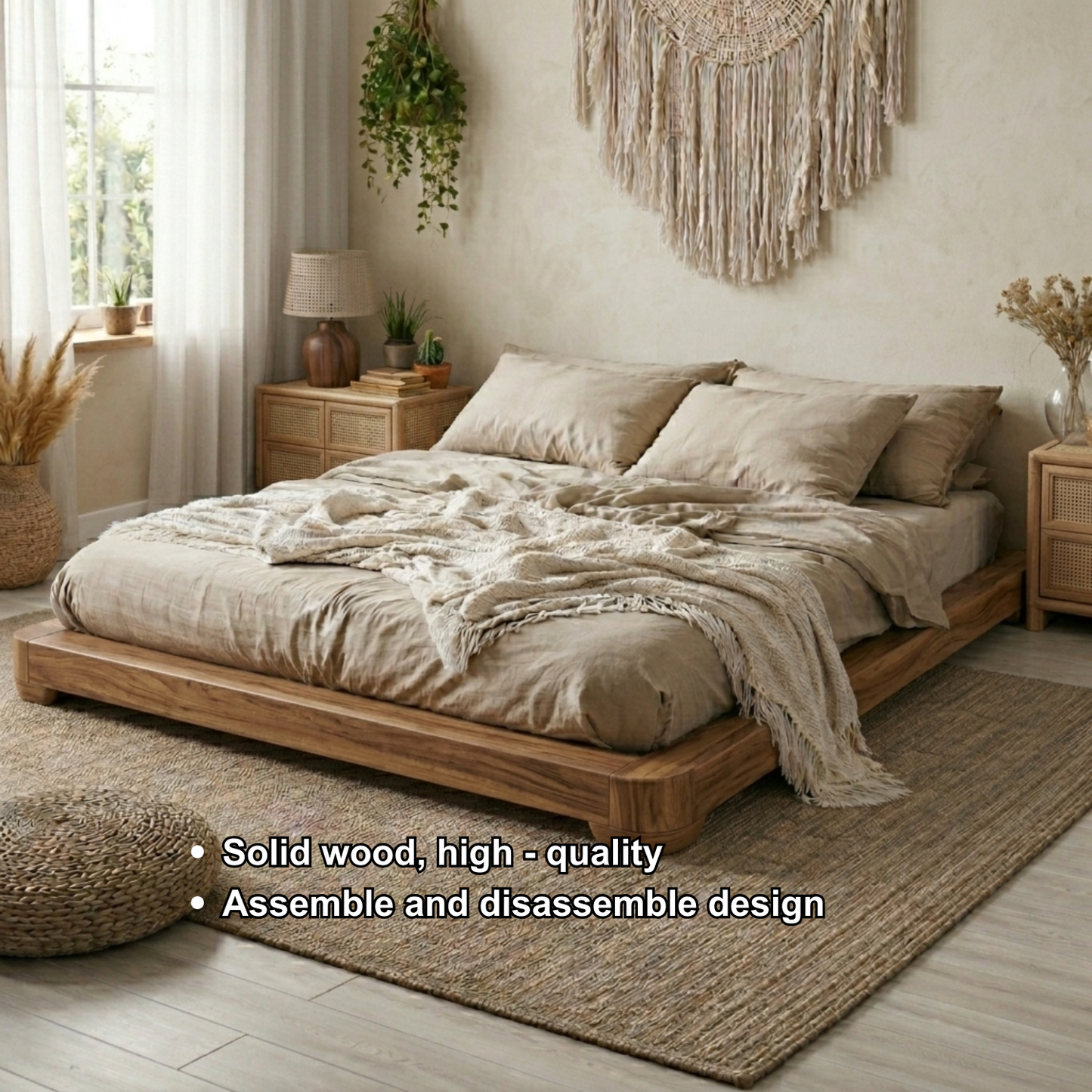 Low Profile Solid Wood Platform Bed Frame – Minimalist Japandi Style