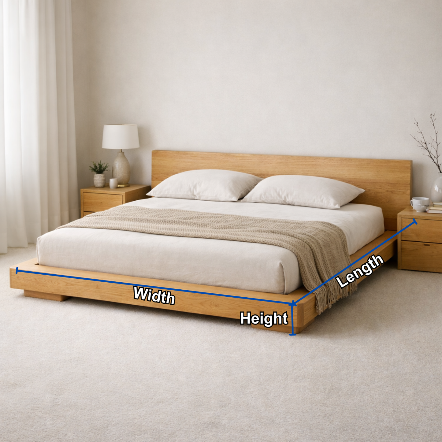 Low Profile Solid Wood Platform Bed Frame with Minimalist Headboard