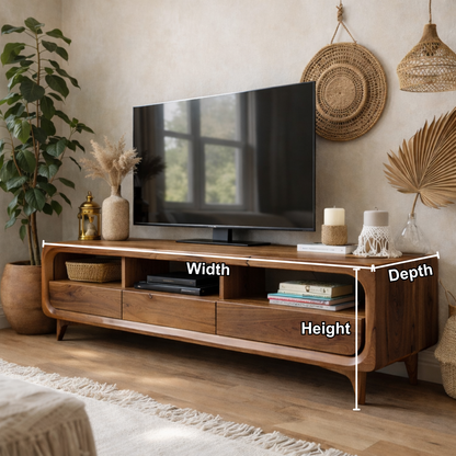 Solid Wood Mid-Century Modern TV Stand with Drawers & Open Shelves