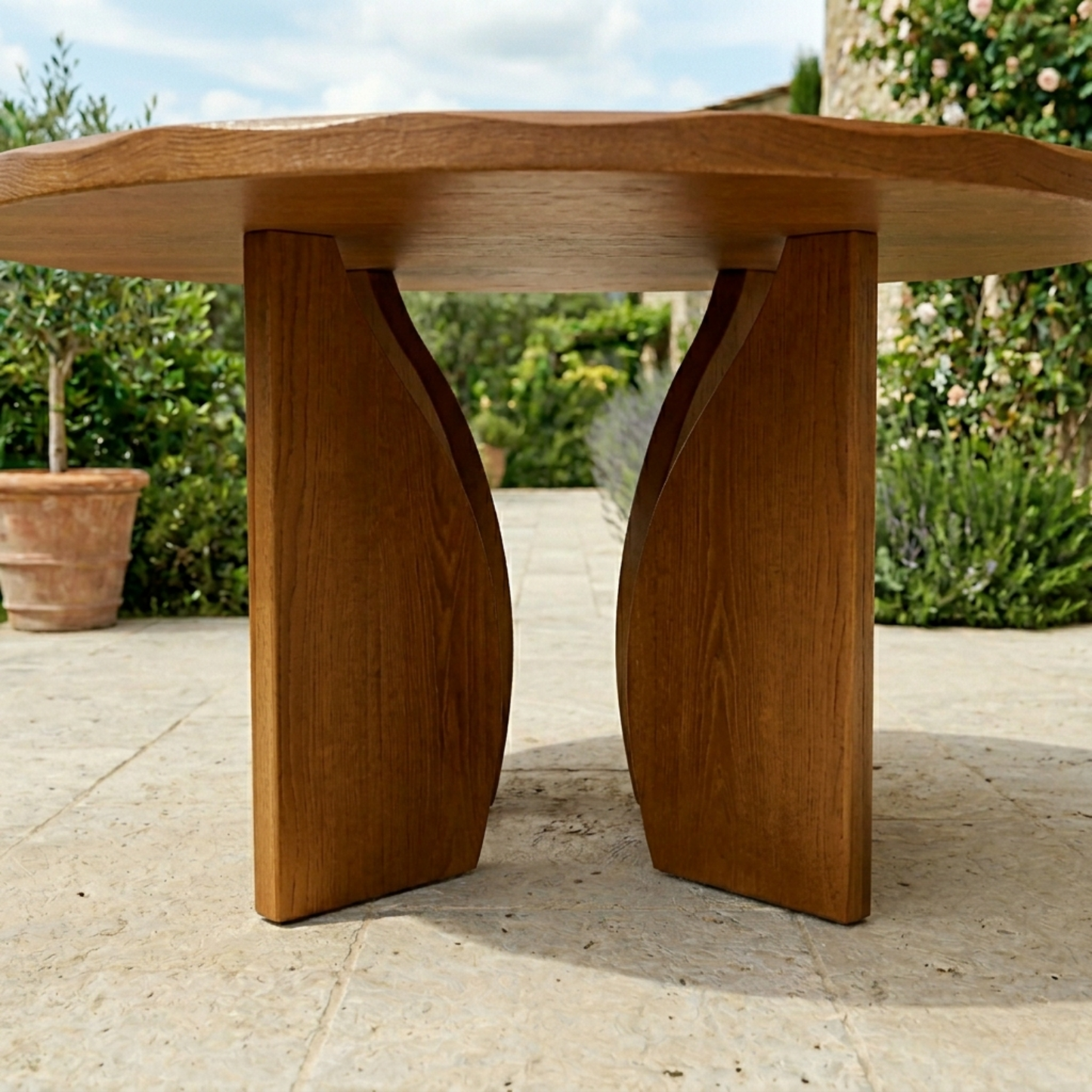 Round Solid Wood Outdoor Dining Table with Sculpted Twin Pedestal Base