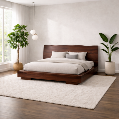 Modern Solid Wood Platform Bed Frame with Curved Headboard and Low Profile Base