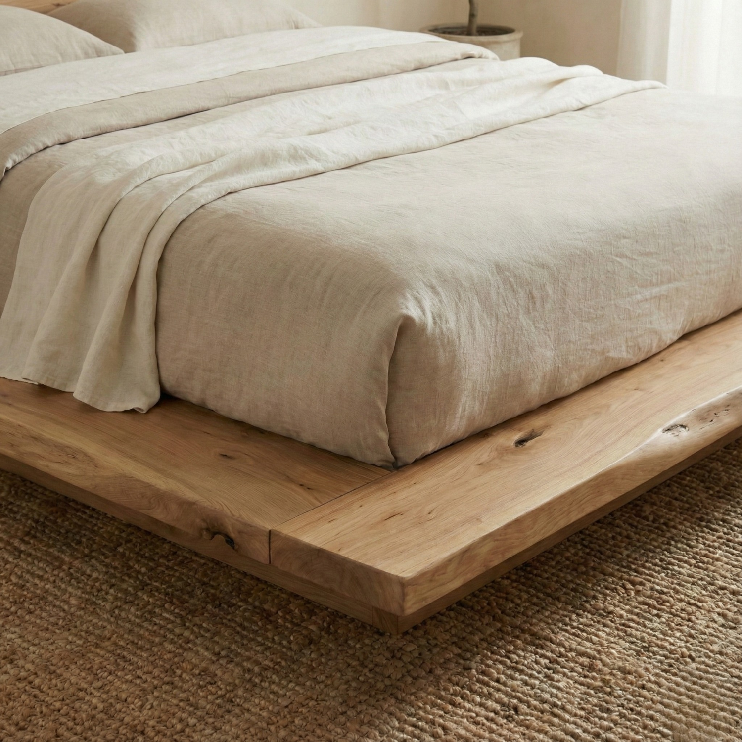 Handcrafted Solid Wood Japandi Platform Bed with Natural Live-Edge Headboard Kitchnce