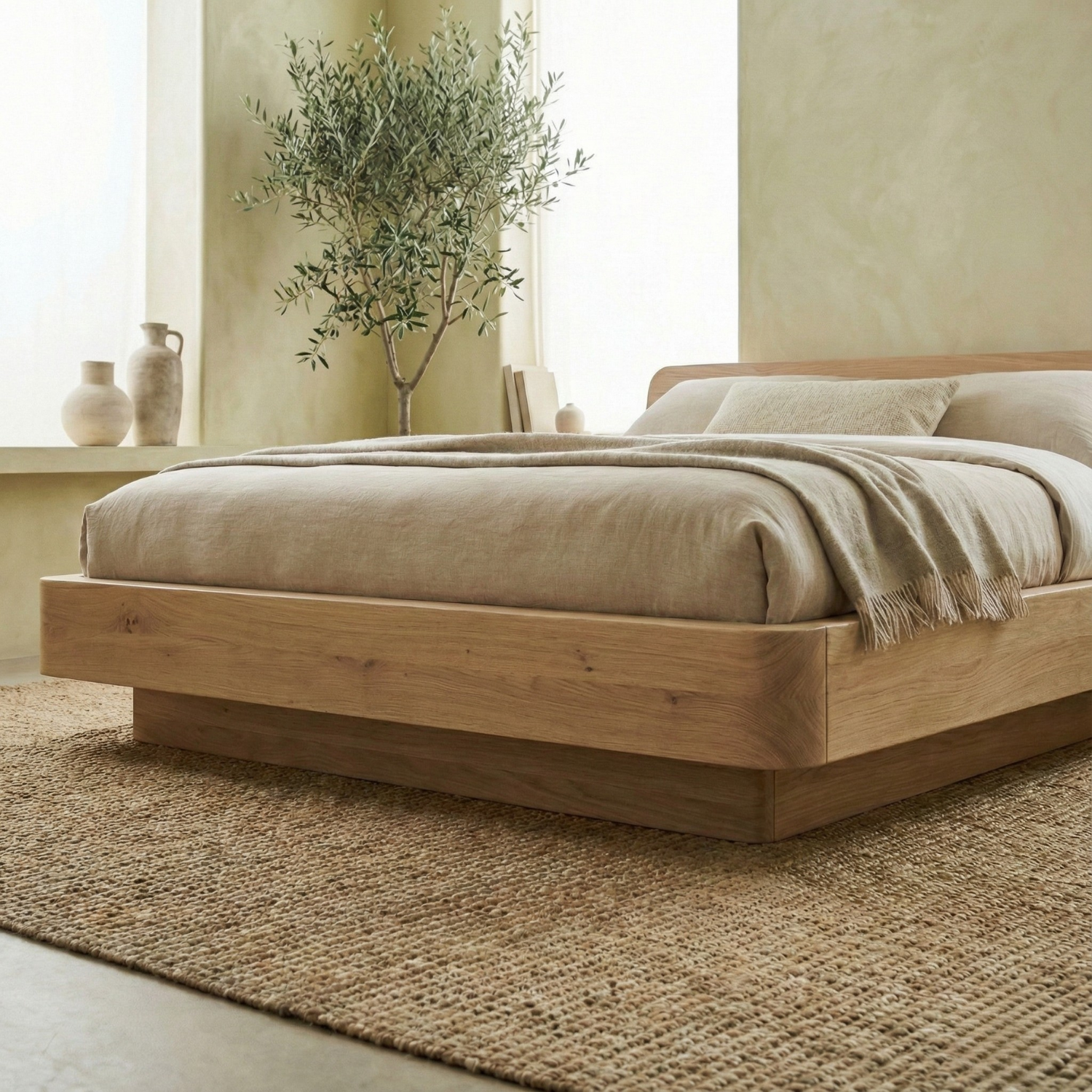 Handcrafted Solid Wood Japandi Platform Bed with Rounded Headboard Kitchnce