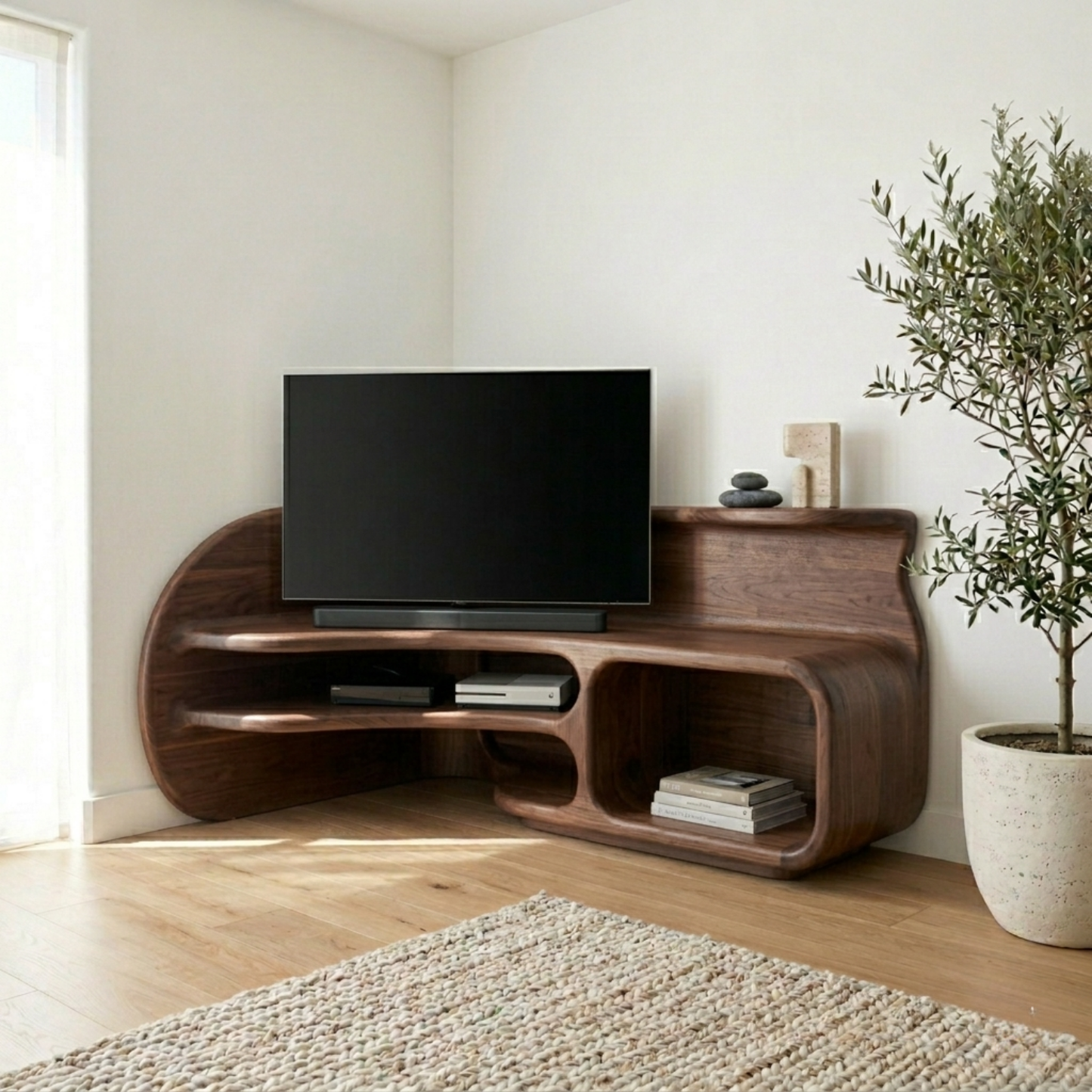 Sculptural Solid Wood Corner TV Stand with Organic Curves and Open Storage