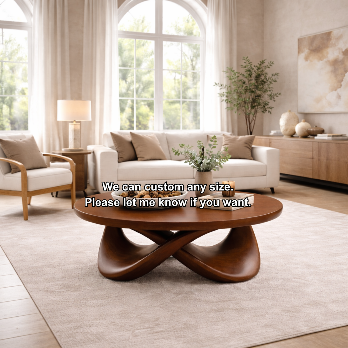 Round Solid Wood Coffee Table with Sculptural Base – Modern Designer Living Room Table Kitchnce
