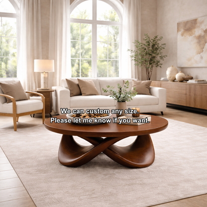 Round Solid Wood Coffee Table with Sculptural Base – Modern Designer Living Room Table Kitchnce