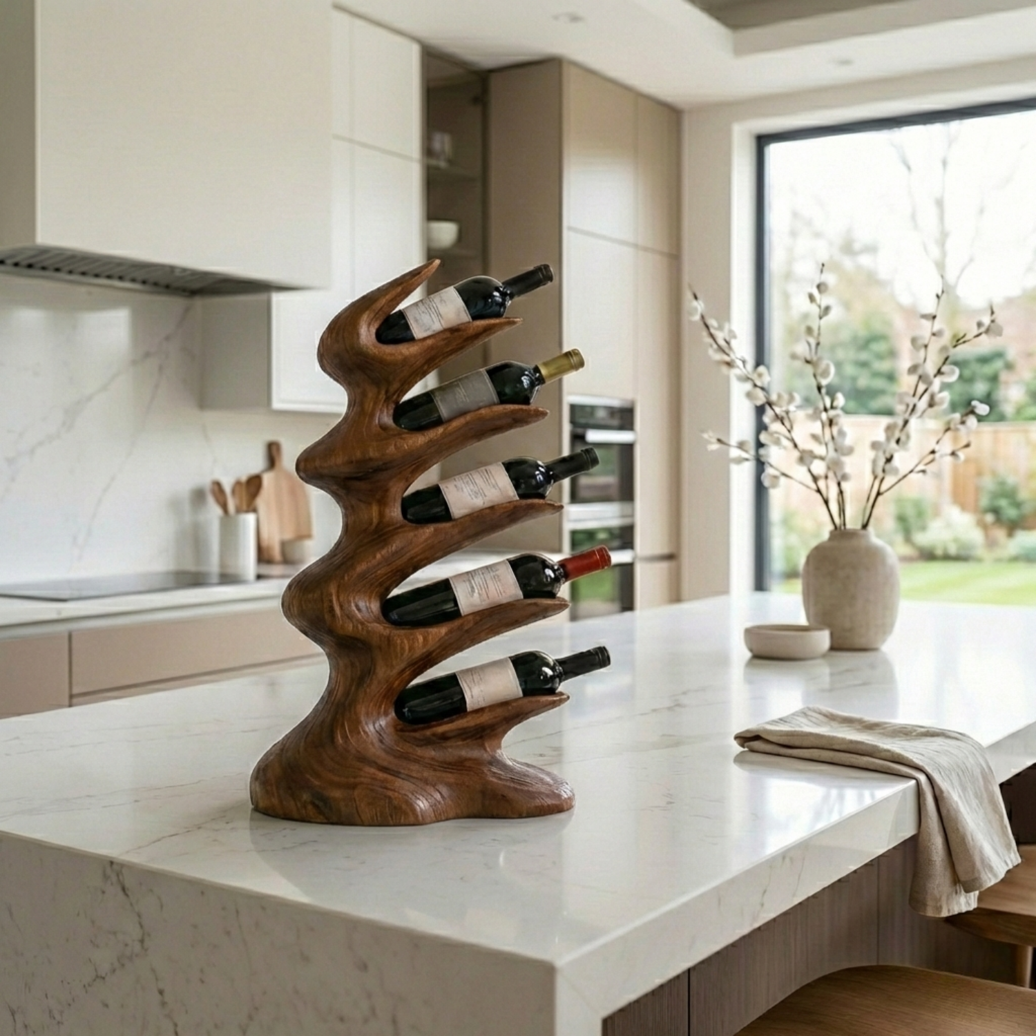 Handcrafted Solid Wood Wine Holder – Vertical Sculptural Countertop Wine Rack
