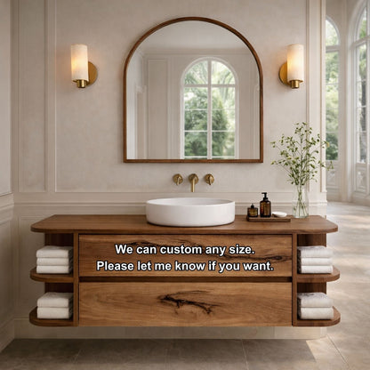 Floating Bathroom Vanity with Curved Open Shelves – Handcrafted Solid Wood Design Kitchnce