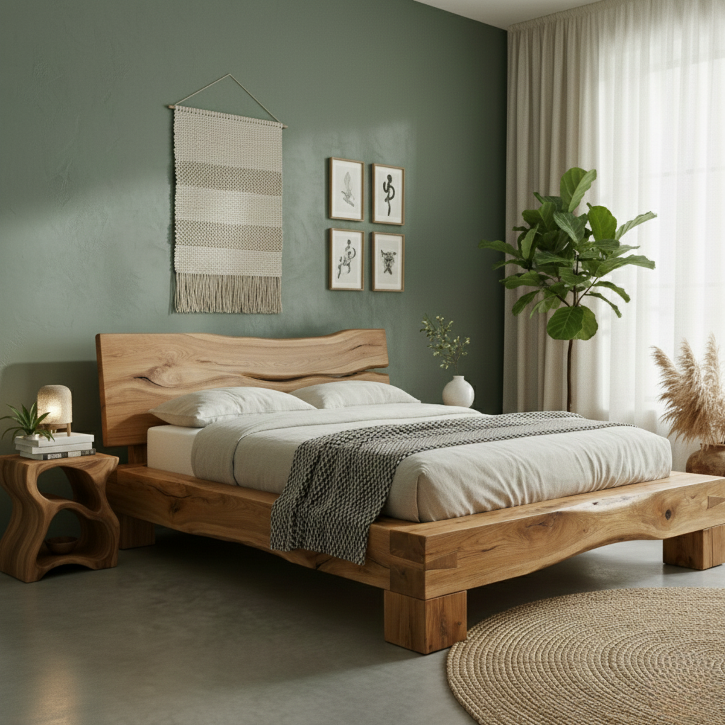 Handcrafted Solid Wood Live-Edge Bed Frame with Organic Natural Headboard Kitchnce