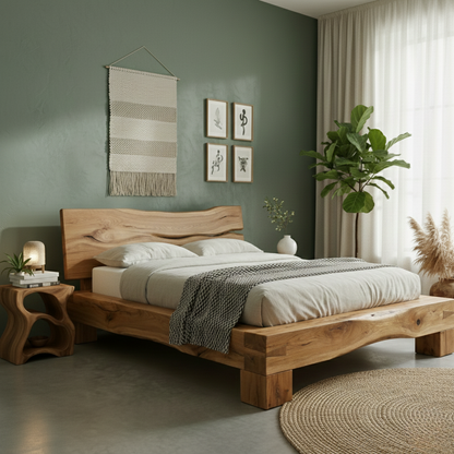 Handcrafted Solid Wood Live-Edge Bed Frame with Organic Natural Headboard Kitchnce