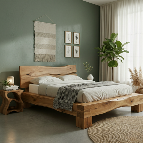 Handcrafted Solid Wood Live-Edge Bed Frame with Organic Natural Headboard Kitchnce