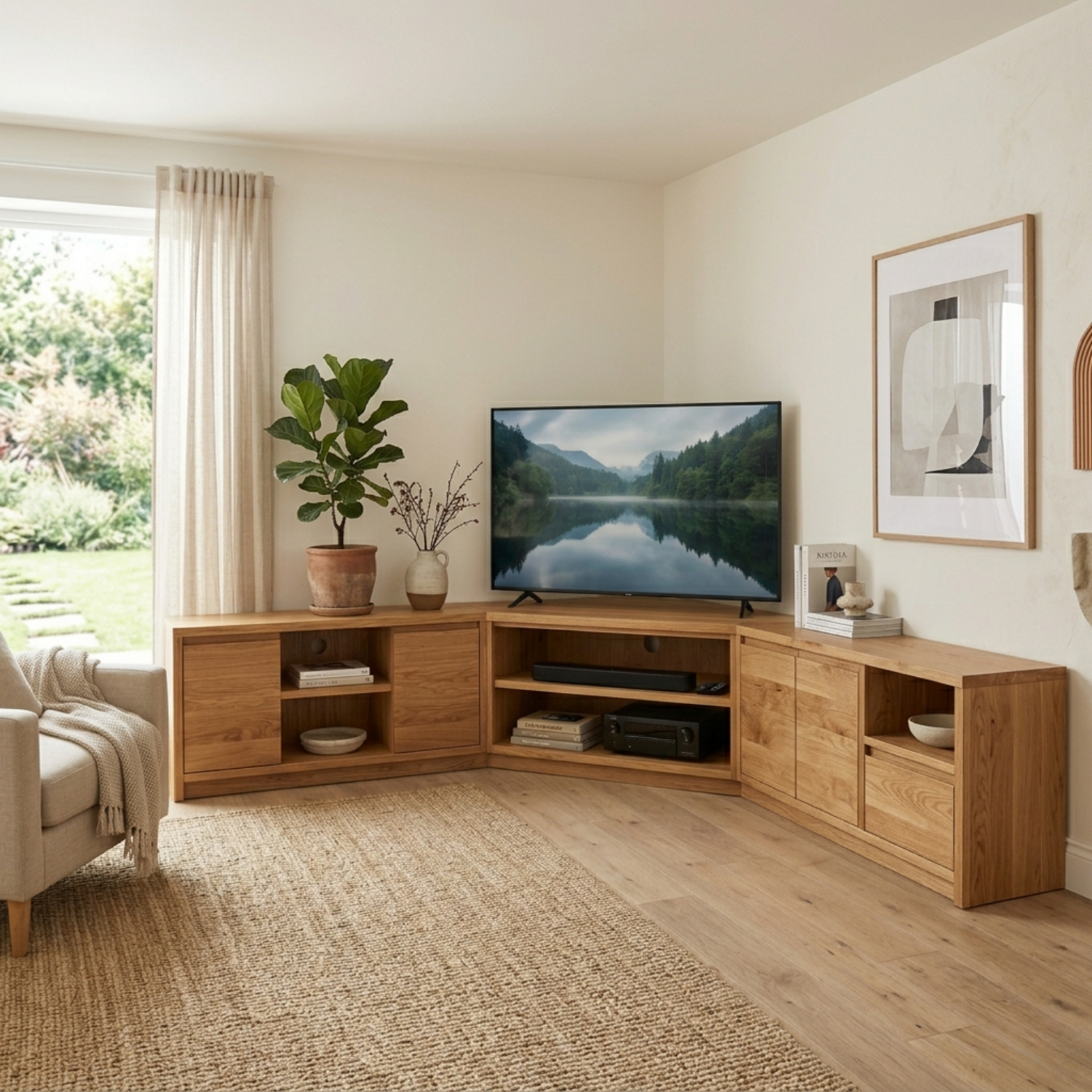 Modular Solid Wood Corner TV Stand with Storage Cabinets and Open Media Shelves