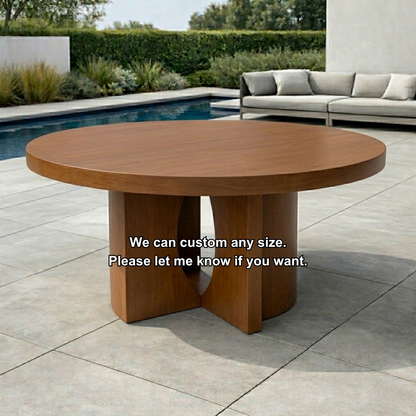Round Solid Wood Outdoor Dining Table with Sculptural Dual Pedestal Base