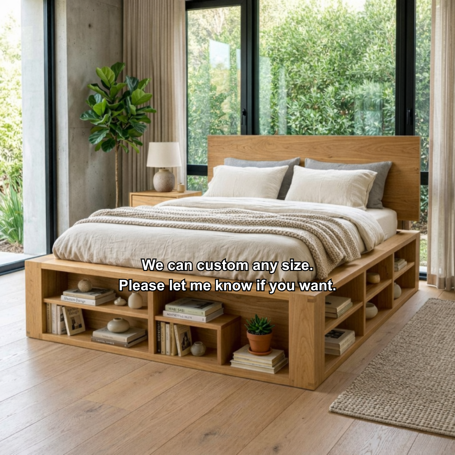 Solid Wood Platform Bed Frame with Built-In Open Shelf Storage Base