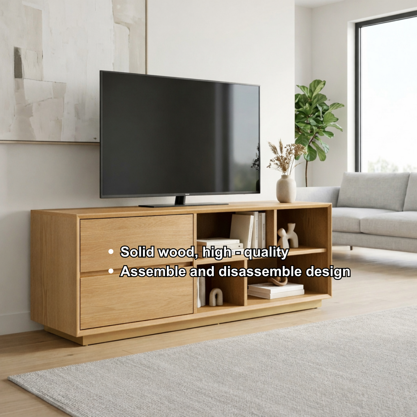 Modern Solid Wood TV Stand with Storage Drawers and Open Shelves – Minimalist Media Console Kitchnce