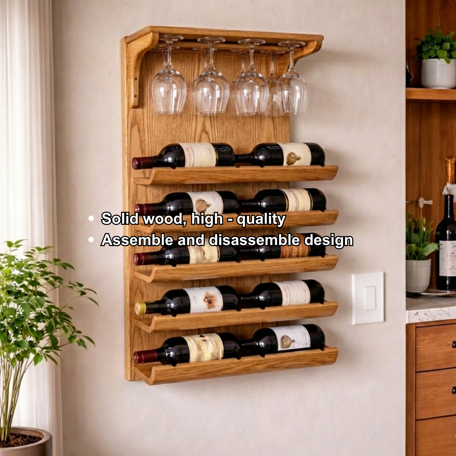 Solid Wood Wall Mounted Wine Rack with Glass Holder – Classic Home Bar Storage