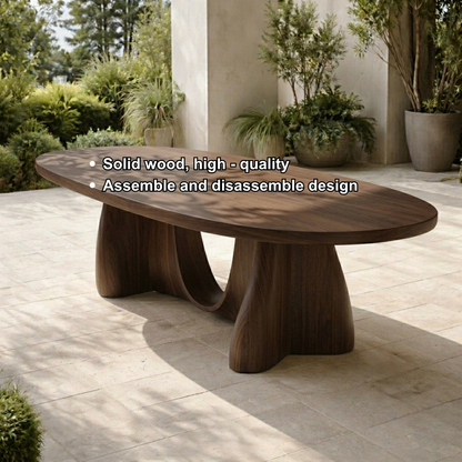 Oval Solid Wood Outdoor Dining Table with Sculptural Curved Pedestal Base