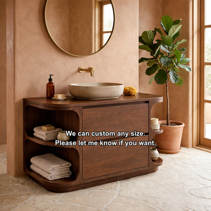 Solid Wood Bathroom Vanity with Curved Side Shelves and Two Drawers