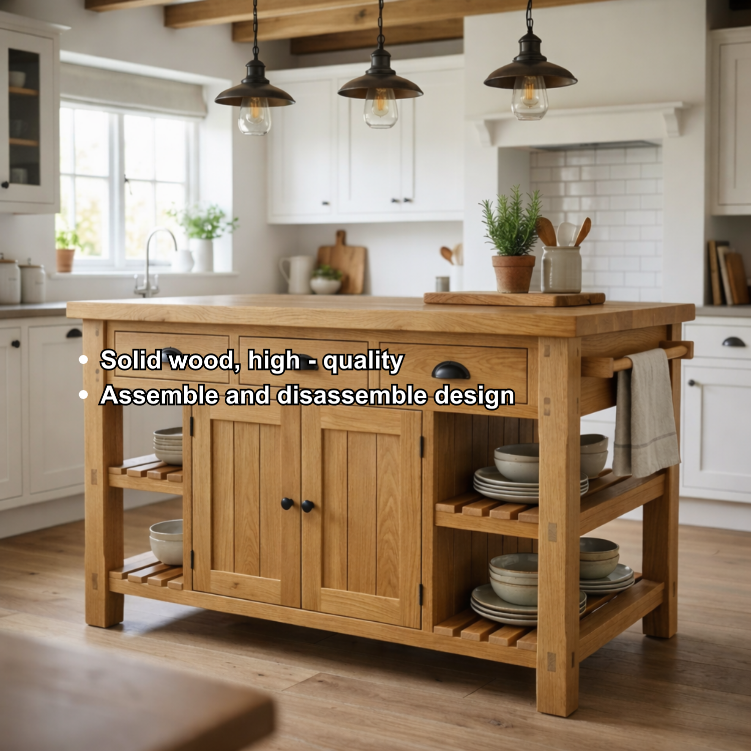 Farmhouse Solid Wood Kitchen Island with 3 Drawers, Cabinet and Open Shelves Kitchnce
