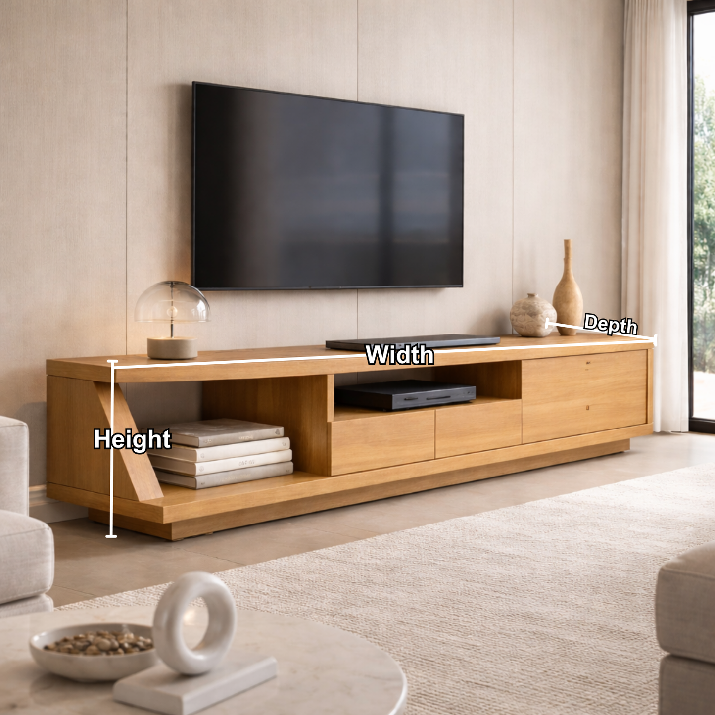 Solid Wood TV Stand with Angled Side Panel and Open Shelf – Modern Long Media Console Kitchnce