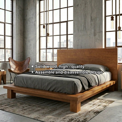 Modern Solid Wood Platform Bed Frame with Wide Panel Headboard and Block Legs