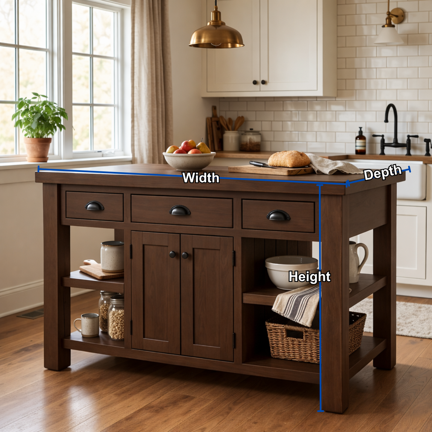 Farmhouse Solid Wood Kitchen Island with Drawers, Cabinet and Shelves – Prep Table Kitchnce