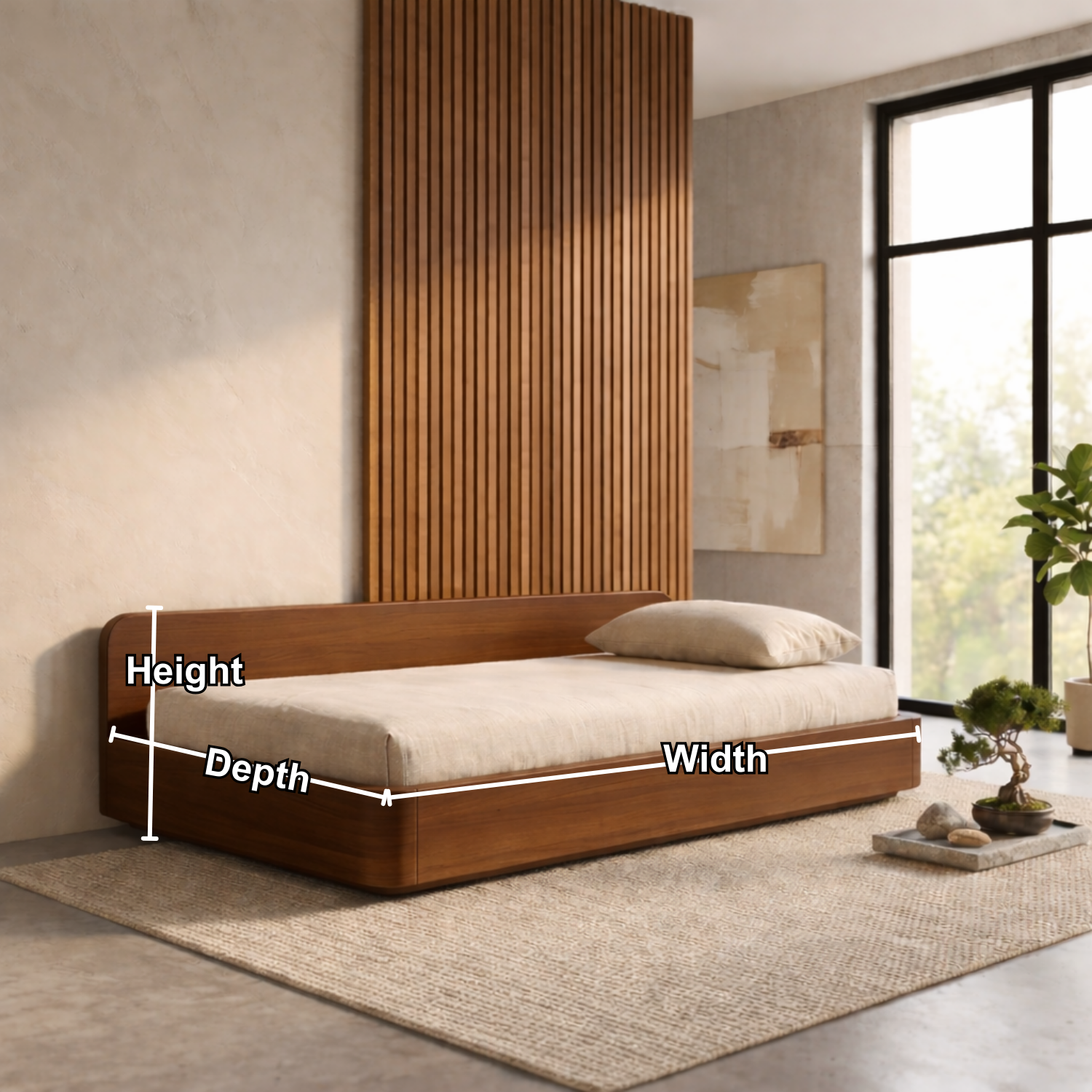 Solid Wood Daybed Frame with Backrest – Modern Minimalist Platform Lounge Bed Kitchnce
