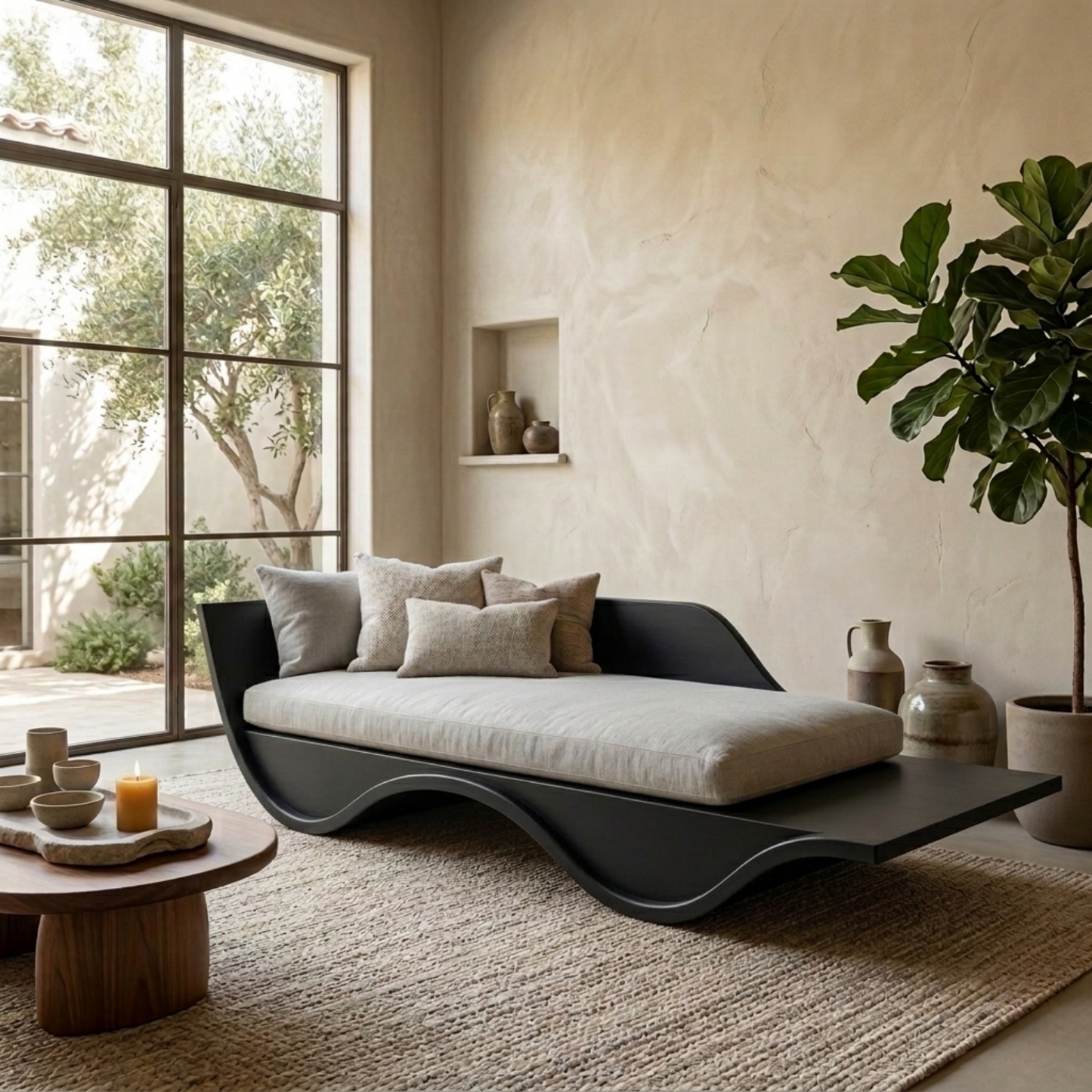 Solid Wood Curved Daybed Frame – Modern Minimalist Wave Design Lounge Bed Kitchnce