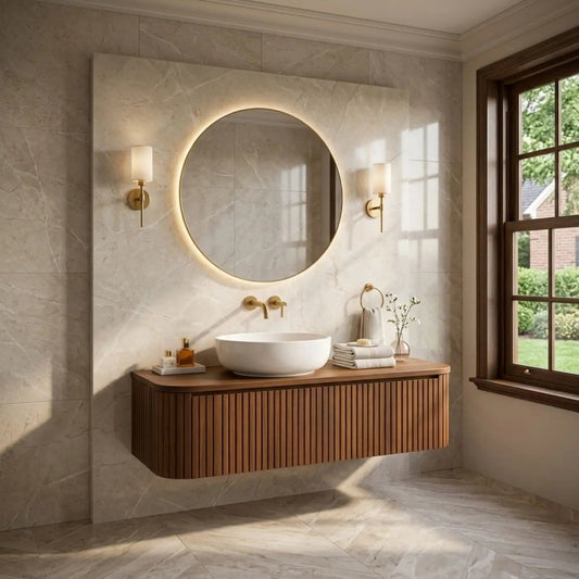 Floating Bathroom Vanity with Fluted Wood Panels and Rounded Edge Design Kitchnce