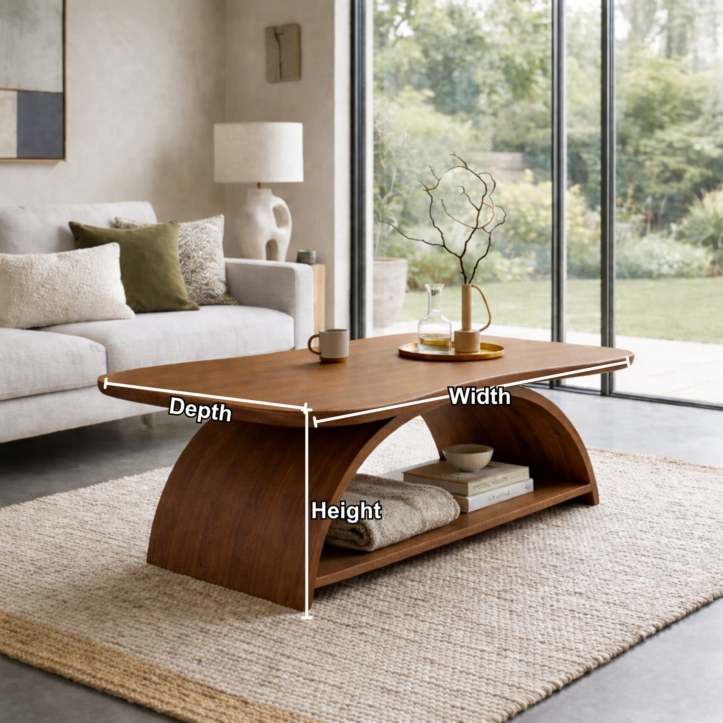 Curved Solid Wood Coffee Table with Open Shelf – Modern Sculptural Design Kitchnce