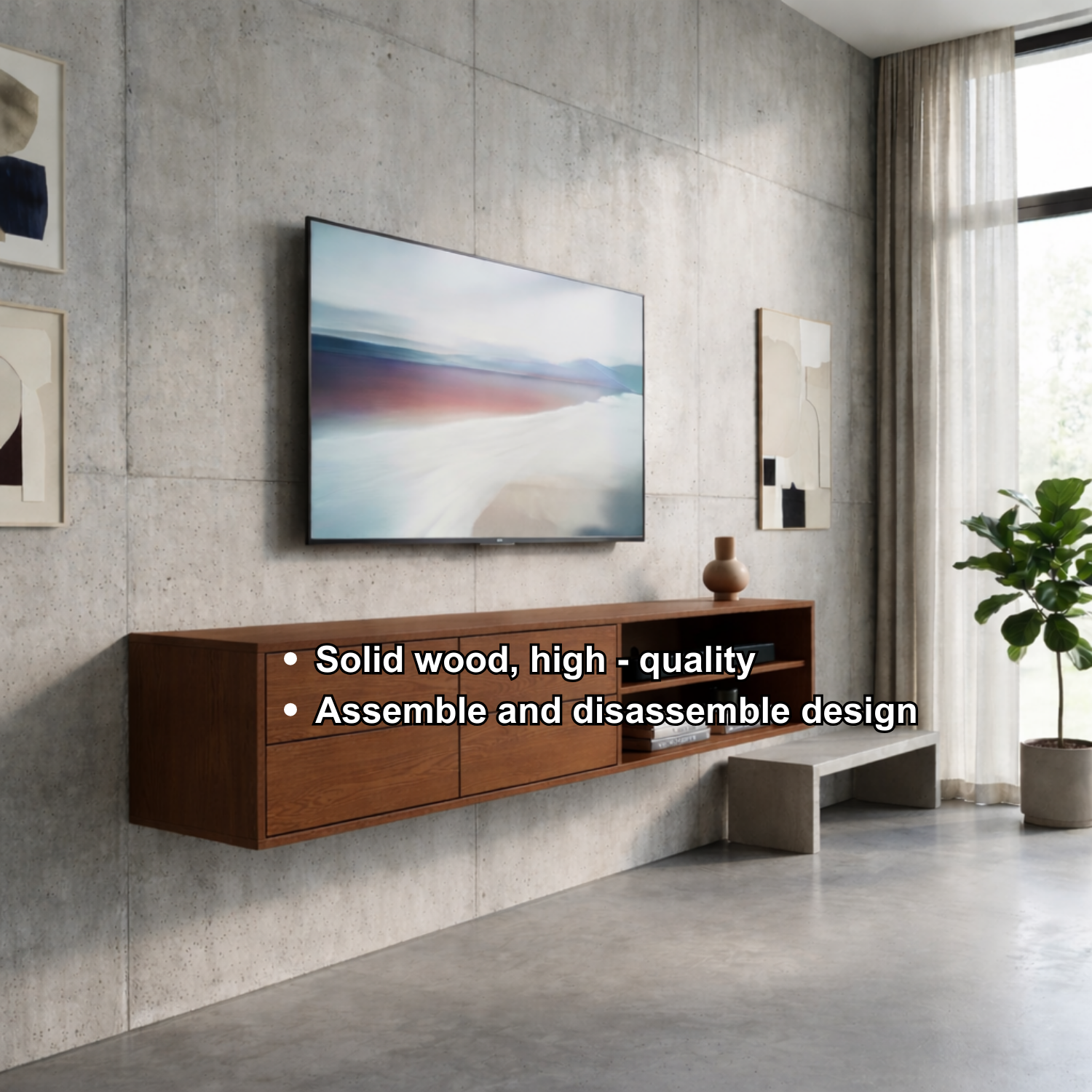 Floating Solid Wood TV Stand with Drawers and Open Shelf – Modern Wall Mounted Media Console Kitchnce