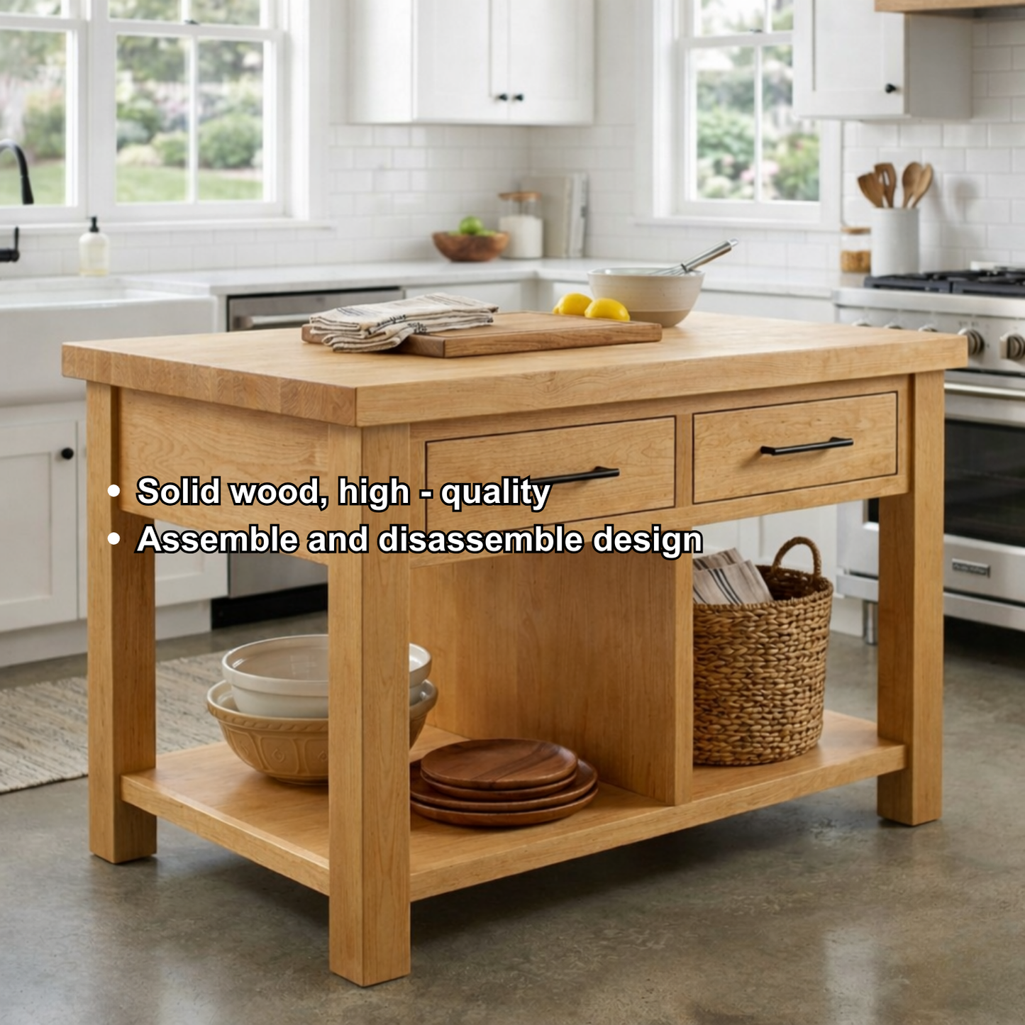 Solid Wood Kitchen Island with 2 Drawers and Open Shelf – Farmhouse Prep Table Kitchnce