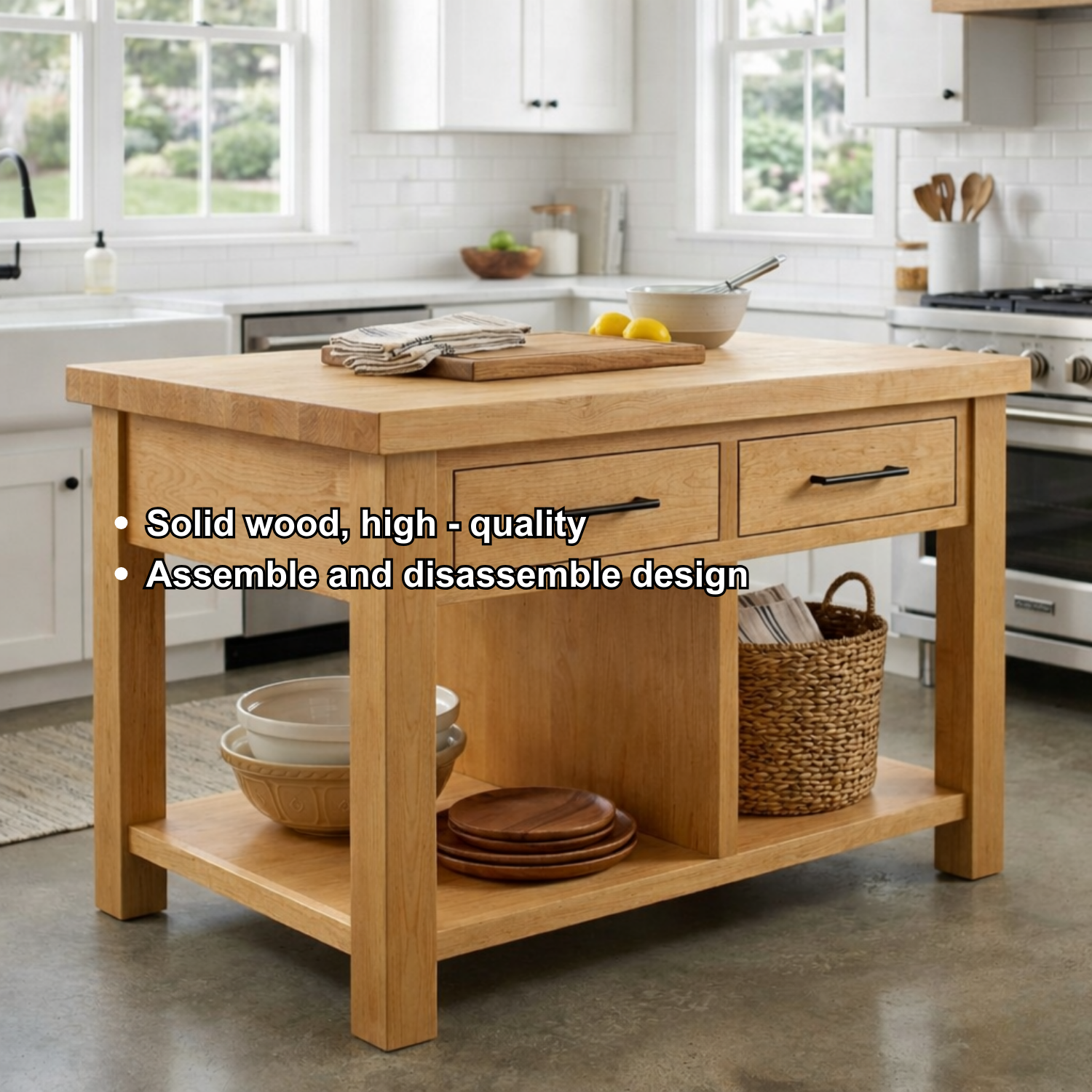 Solid Wood Kitchen Island with 2 Drawers and Open Shelf – Farmhouse Prep Table Kitchnce