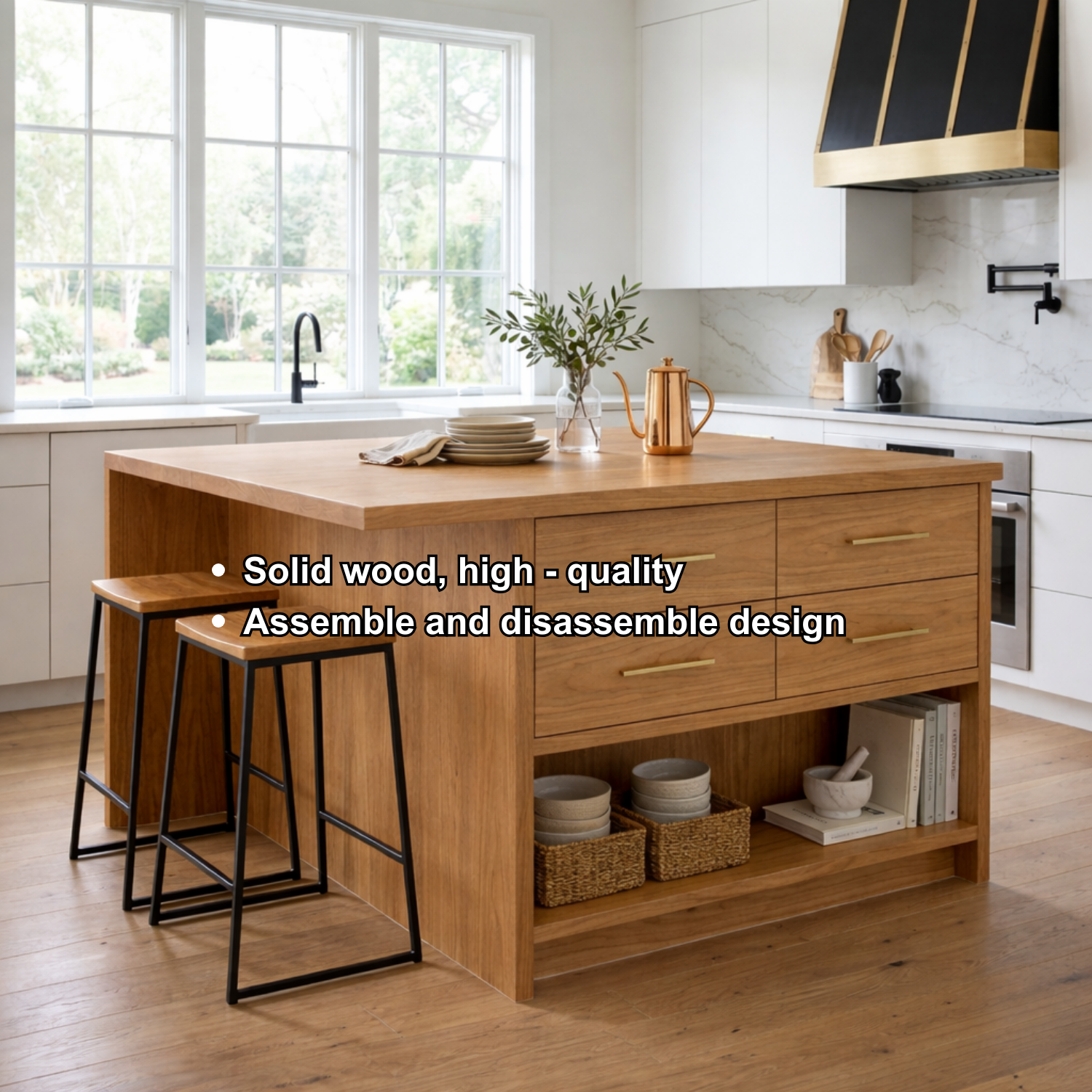 Solid Wood Kitchen Island with Overhang, 4 Drawers and Open Shelf Storage Kitchnce